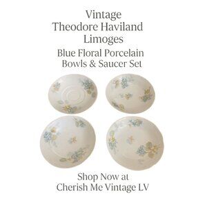 Vintage Haviland Limoges France Blue Floral Embossed Bowls & Saucer Set of 4